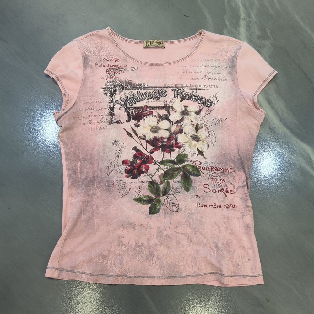 Vintage Y2K Pink Bedazzled Rose Cap Sleeve Baby Tee Size S Mcbling Grunge